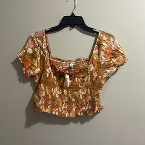 Aerie Smocked Orange Floral Square Neck Puff Sleeve Cropped NWT